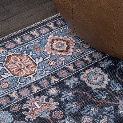 Kemer Black and Blue Washable Synthetic Persian Area Rug