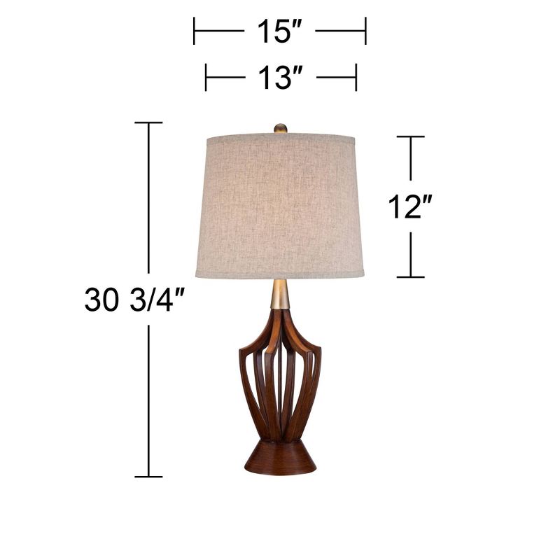 360 Lighting St. Claire Modern Mid Century Table Lamp 30 3/4" Tall Wood USB Charging Port Fabric Drum Shade for Bedroom Living Room Office House Home, 4 of 9