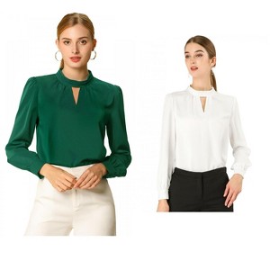 INSPIRE CHIC Women's Office Keyhole Elegant Stand Collar Long Sleeve Button Blouse 2 Packs - 1 of 4