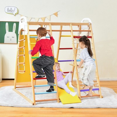 Colorful Wooden 8-in-1 Indoor Jungle Gym with Slide