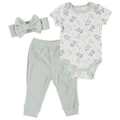 Image of Kyle & Deena Baby Girl Clothes Layette Set Footless Sleep and Play 3 Pack Floral Seafoam Branches 3-6M