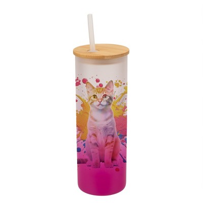 100 North 25 Ounce Frosted Glass Gradient Travel Tumbler With Straw & Wooden Lid, Tabby Cat Paint Splatter Pink