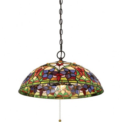 Violets 20" Multicolor Tiffany Glass Vintage Bronze Pendant Light