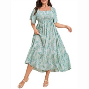 Clearlove Women's Summer Casual Short Sleeve Smocked Square Neck A Line Flowy Midi Dress Long Dress - 1 of 4