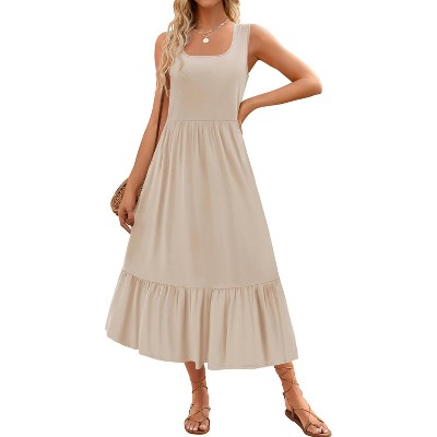Women's 2025 Summer Sleeveless Dress Square Neck Pleated Swing Casual Maxi Dresses with Pockets