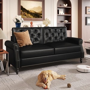 73-inch Sofa, Faux Leather Vintage Couch with Rolled Armrests & Wooden Legs - 1 of 4