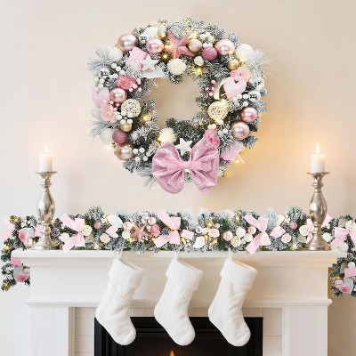 24 In Prelit Christmas Wreath for Front Door, Large Lighted Xmas Wreath with 20 LED Lights, Pink Bow, Balls, Gift Box for Indoor Outdoor Xmas Decor