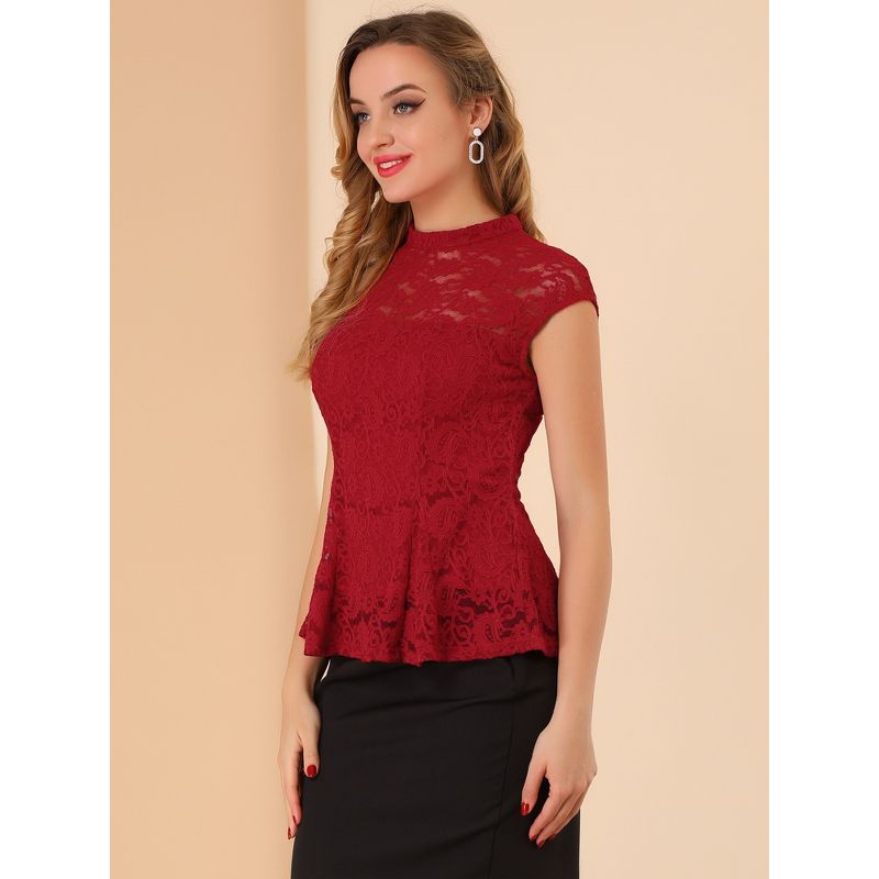 Allegra K Women's Mock Neck Cap Sleeve Crochet Lace Peplum Blouse, 4 of 7