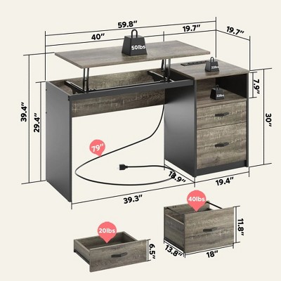 Retro Grey Oak Adjustable Height Standing Desk with Drawer and Power Outlet