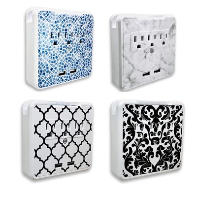 Kelvin Glamsockets -  Decorative Wall Mount Surge Protector with 3 Outlets, Dual USB Charging Ports and Phone Holder - USB Charging Center