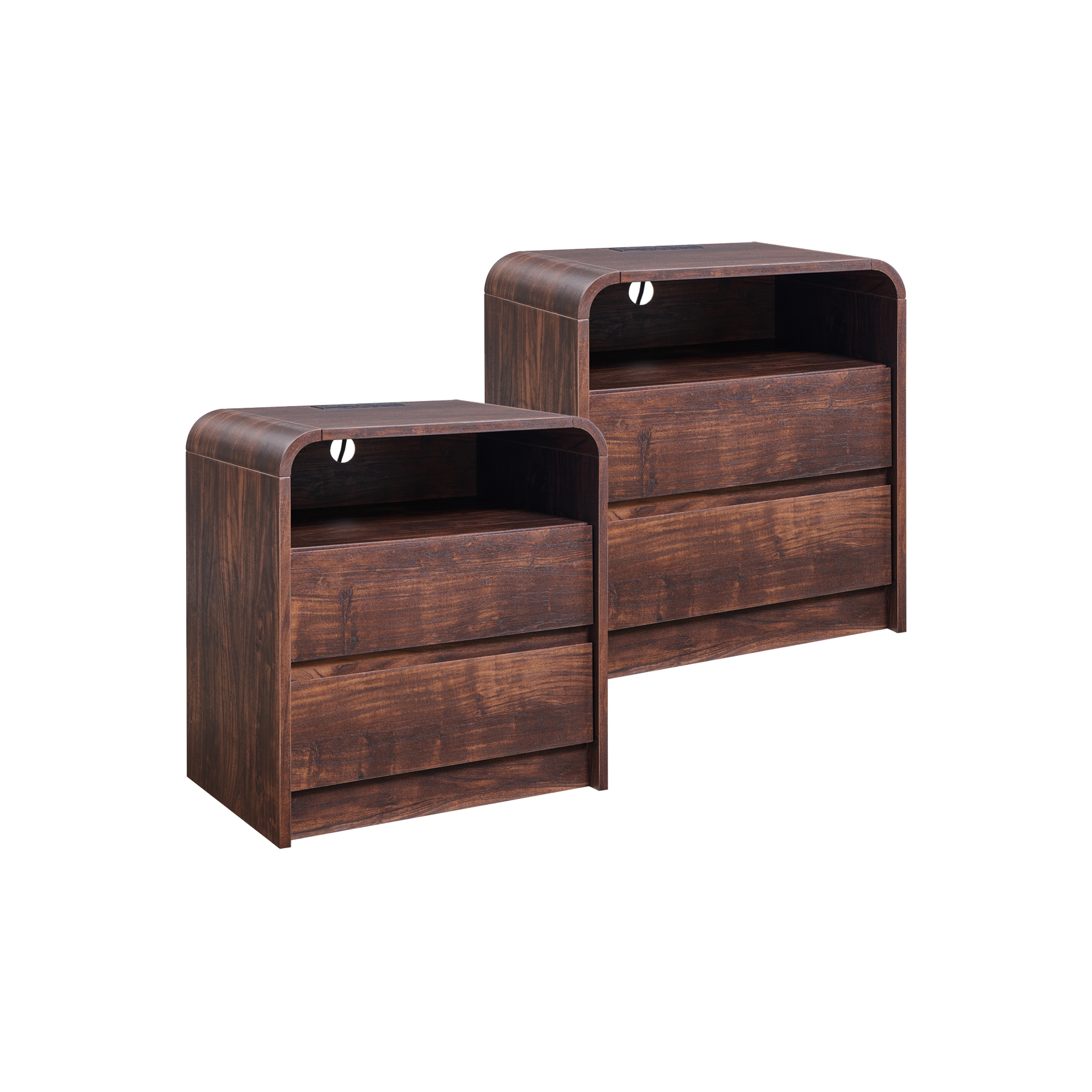Modern Nightstand Set of 2, 25" Tall Modern Wood Bedside Table w/2 Drawers & Charging Station, Curved Profile, for Bedroom, Living Room, Brown