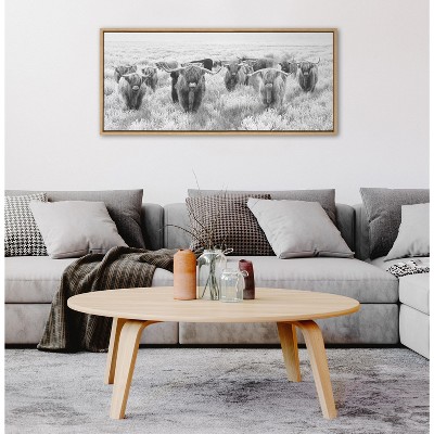 Herd of Highland Cows Black and White Canvas Print with Natural Frame