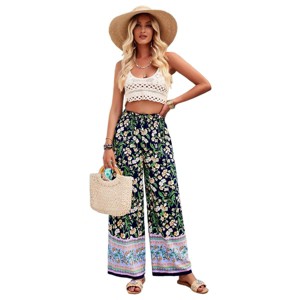 Women's Summer Casual Boho Wide leg Pants High Waist Flowy Palazzo Pants With Ethnic Style Lounge Trousers - 1 of 4