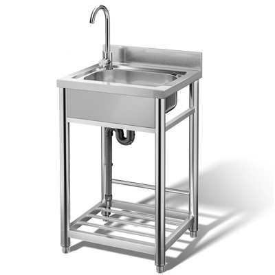 Huxxion Stainless Steel Utility Sink, Free Standing Single Bowl Kitchen Sink with Cold and Hot Water Pipe, Outdoor Basin Station with Cabinet