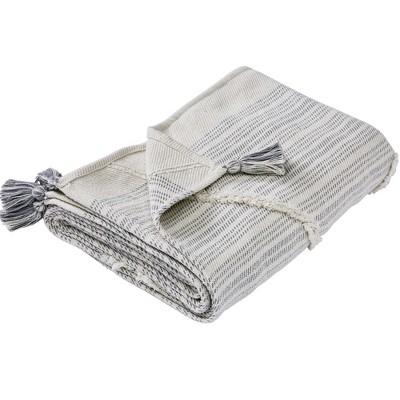 Gray Knitted Cotton Reversible Throw Blanket with Tassels