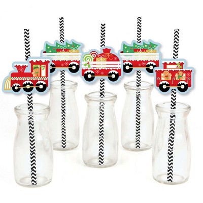 Big Dot of Happiness Christmas Train - Paper Straw Decor - Holiday Party Striped Decorative Straws - Set of 24