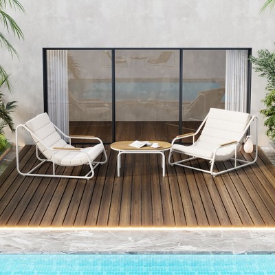 MAYEERTY 3-Pack Outdoor Patio Dining Sets - Acacia Side Table, Pool Chairs for Lawn/Deck/Beach, Beige+White