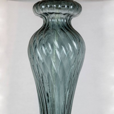 Set of 2 Smokey Turquoise Glass Table Lamps with White Linen Shades