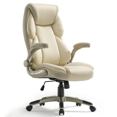 Off-White Faux Leather Executive Swivel Office Chair with Adjustable Arms