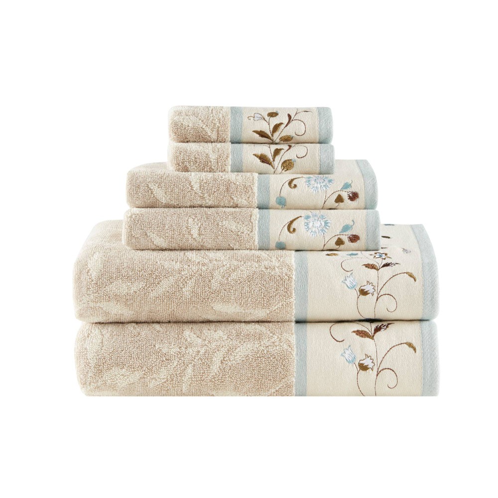 Photos - Towel 6pc Monroe Embroidered Cotton Jacquard  Set Beige - Madison Park