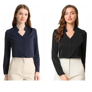 INSPIRE CHIC Women's Elegant V Neck Work Office Button Up Shirt 2 Packs - 1 of 4