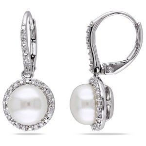 EVERLY JEWELRY | Sterling Silver 1/5 CT Diamond TW 8 - 8.5 MM White Freshwater Cultured Pearl LeverBack Earrings - 1 of 4