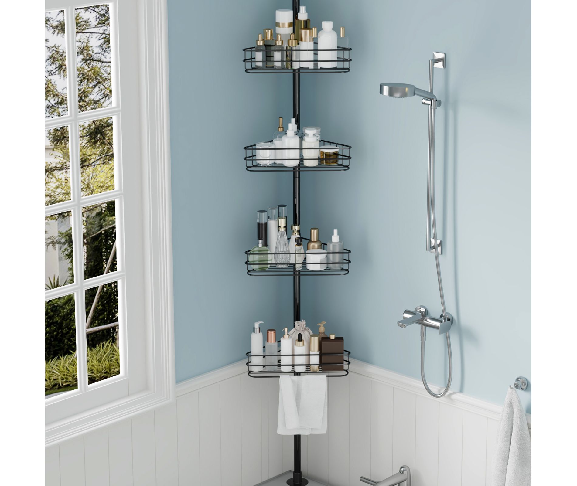 Tension Pole Shower Caddy, Corner Shower Caddies with 4 Baskets and Towel Bars, Rustproof Bathroom Shower Organizer Adjustable 98-110 Inch