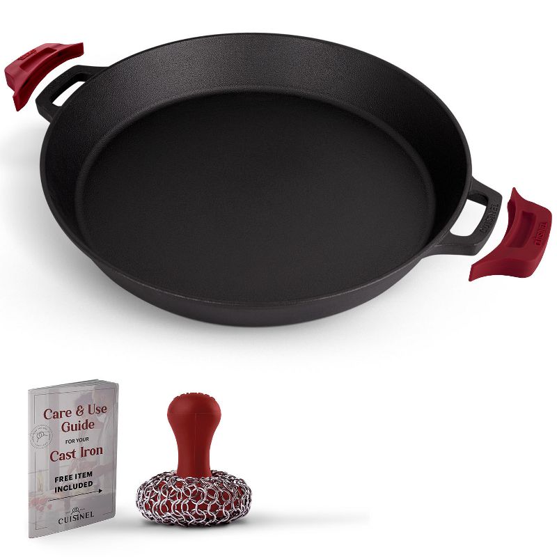 Cuisinel Cast Iron Skillet + Chainmail Scrubber - 17"-Inch Dual Handle Braiser Frying Pan + Silicone Handle Covers, 1 of 4