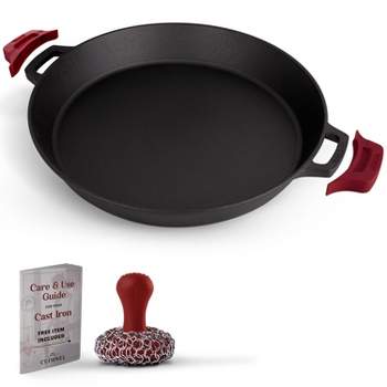 Cuisinel Cast Iron Skillet + Chainmail Scrubber - 17"-Inch Dual Handle Braiser Frying Pan + Silicone Handle Covers