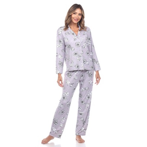 Long Sleeve Floral Pajama Set Gray Large White Mark