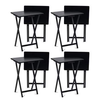 PJ Wood Conventional Solid and Sturdy Wood Construction Portable Folding TV Snack Tray Table Desk Serving Stand, Black (8-Piece Set)