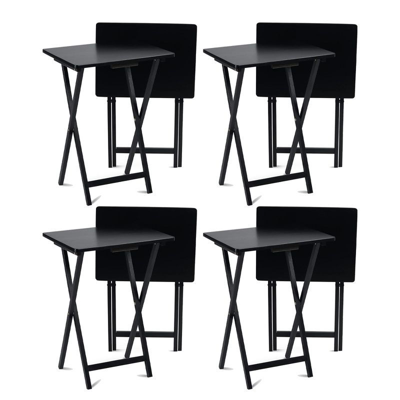 PJ Wood Conventional Solid and Sturdy Wood Construction Portable Folding TV Snack Tray Table Desk Serving Stand, Black (8-Piece Set), 1 of 7