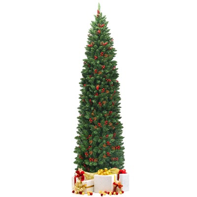 Tangkula Pencil Christmas Tree  Hinged Artificial Slim Xmas Tree with Sturdy Metal Stand