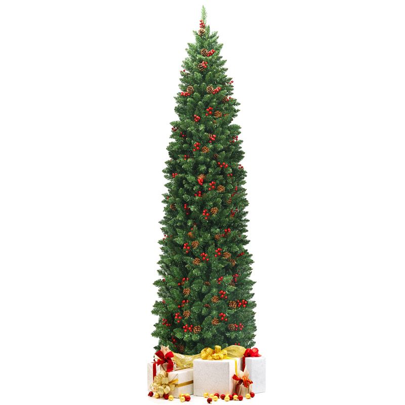 Tangkula Pencil Christmas Tree  Hinged Artificial Slim Xmas Tree with Sturdy Metal Stand, 1 of 11