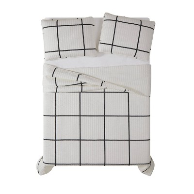 King Black and White Microfiber Windowpane Quilt Set