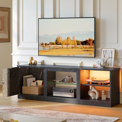 Pinmoco 70" LED TV Stand, Marble Entertainment Center with Bookshelves & Cabinet, Black