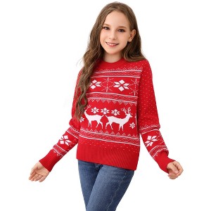 BLUEMING Girls’ Nordic Reindeer Textured Pullover Playful Snowflake Accents & Cloud-Soft Fleece-Lined Comfort - 1 of 4