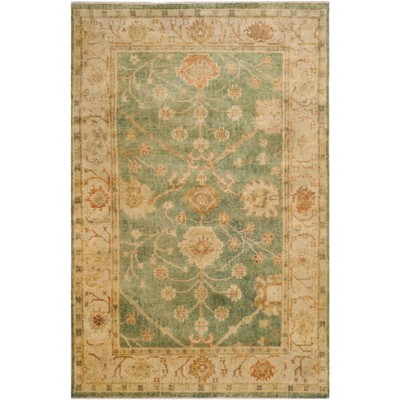 Hand-Knotted Medium Blue and Green Wool Area Rug