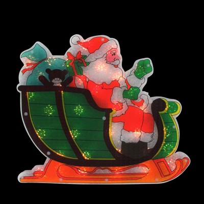 Northlight 17" Prelit Green And Red Holographic Santa In Sleigh Christmas Window Silhouette