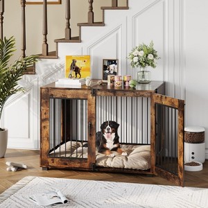 Dog Crate Furniture, Large Indoor Wooden Dog Bed Side Table with 3 Doors, Suitable for Medium to Large Dogs, Chew-Resistant Dog Crate, Brown - 1 of 4
