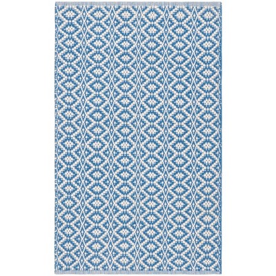 Ivory and Blue Geometric Cotton Handwoven Area Rug