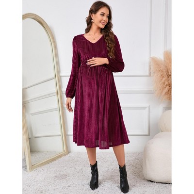 Maternity Velvet Dress Long Sleeve V Neck Smocked Waisted Baby Shower Midi Dress Photoshoot