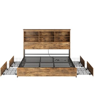 VECELO Bed Frame with 50" Storage Bookcase Headboard, 4 Drawers & USB Charging Station, Metal Slats Platform Bed Frame, Rustic Brown Bed - 1 of 4