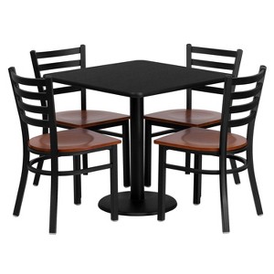 Emma and Oliver 30" Square Black Laminate Table Set, 4 Ladder Back Metal Chairs - 1 of 3