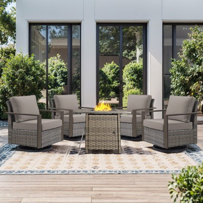 Buenhomino Outdoor Furniture with Fire Pit -Patio Table and Chairs Set of 4 Swivel Patio Chairs for Deck Porch Garden Poolside Backyard