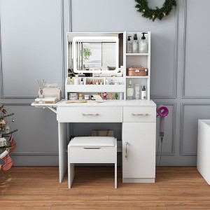 Hrinhom 33.5"W Vanity Desk with LED Mirror Lights and Power Outlet Charging Station - 1 of 4