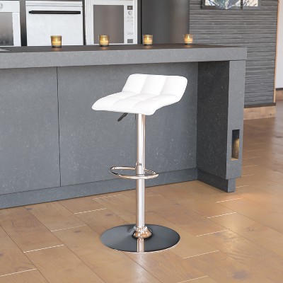 White Vinyl Adjustable Swivel Backless Barstool with Chrome Base