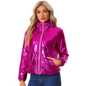 INSPIRE CHIC Women's Holographic Shiny Zipper Metallic Down Puffer Jacket - 1 of 4