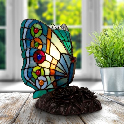 Hastings Home Tiffany-Style Stained Glass LED Butterfly Table Lamp With Rose Base - 7" x 6"