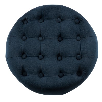 Navy Velvet Round Tufted Ottoman with Rustic Wood Legs